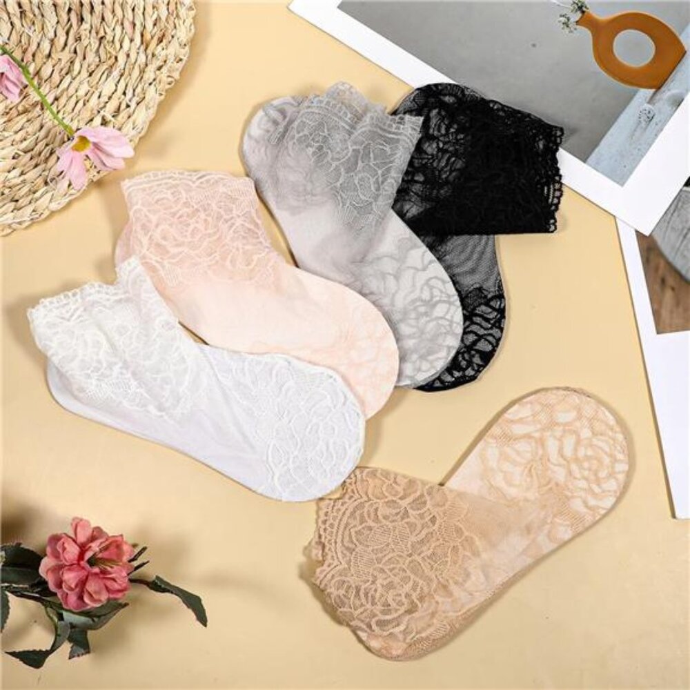 5 Pairs Lace Socks Women Sexy Mesh Sheer Ankle Socks Cute Fishnet Ruffle - Picture 7 of 8
